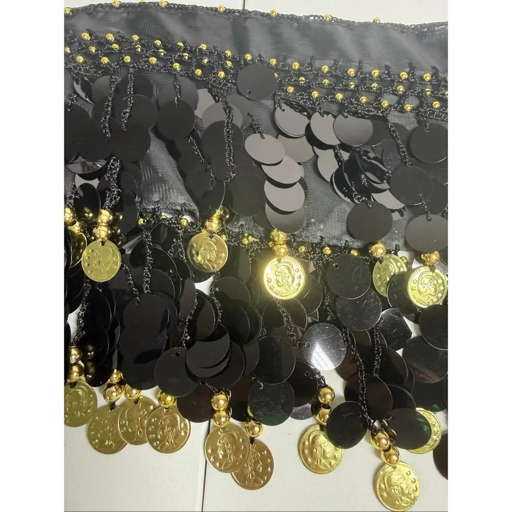 Vintage Belly Dance Hip Skirt Scarf Wrap Belt 2 Rows Gold Color Coins